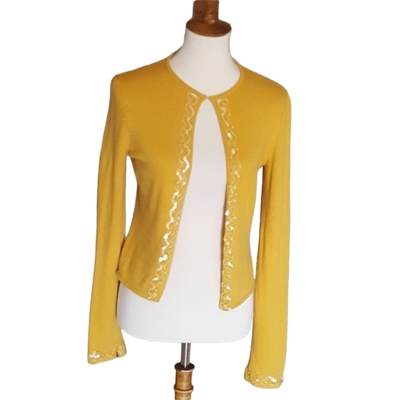 Moda International - 90's Silk Cashmere Blend Mustard & Sequin Cardigan‎ - Picture 1 of 5